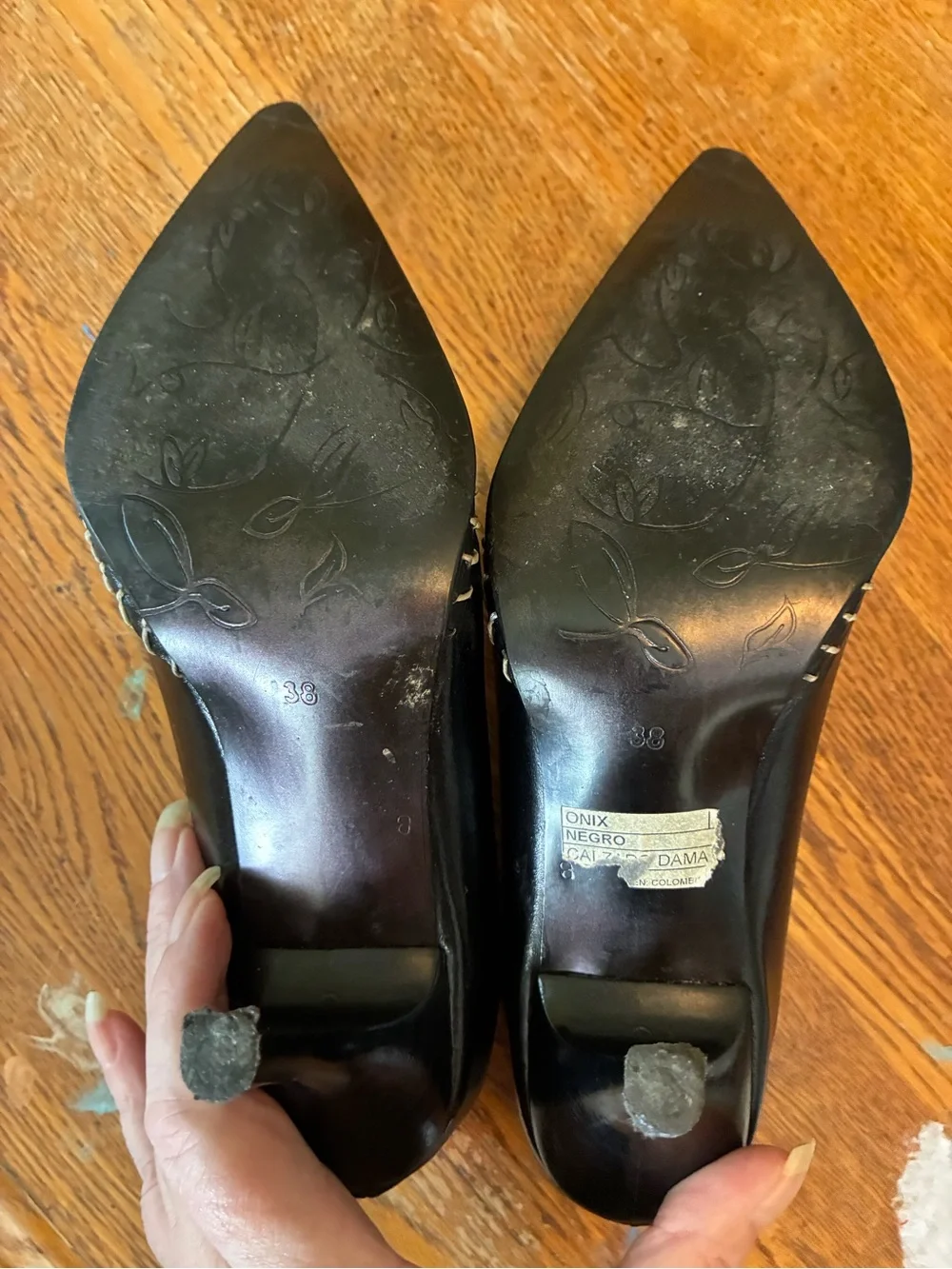 Black Pointed Leather Heels with Bow Accent